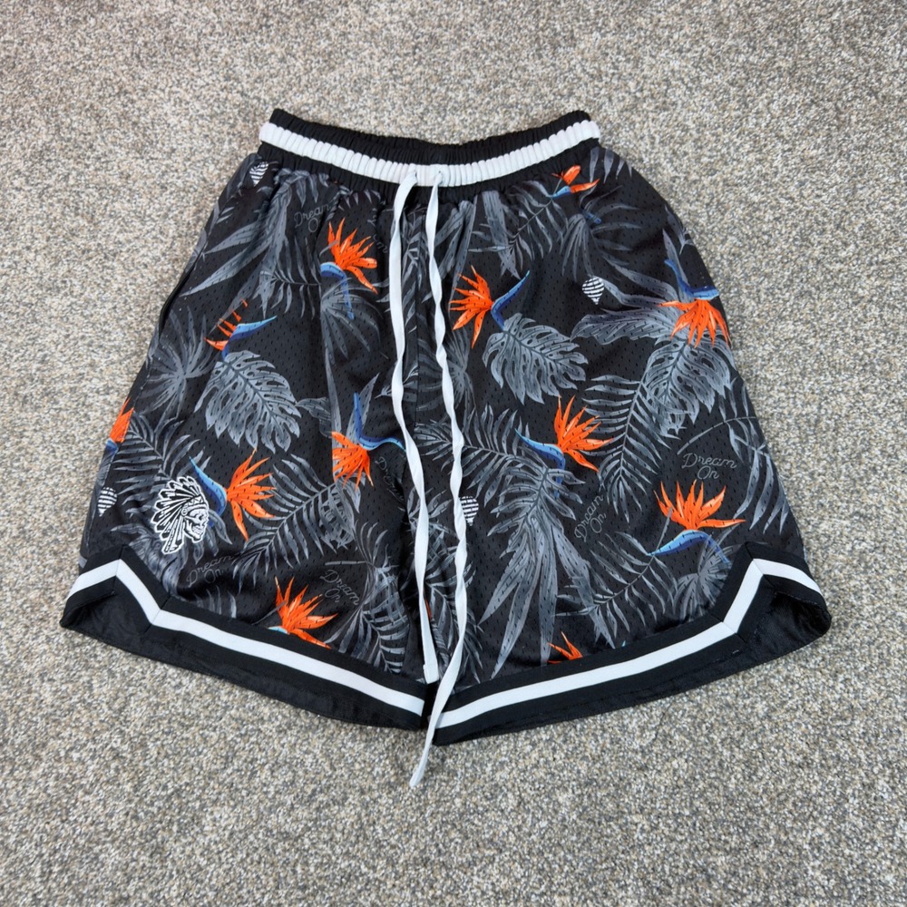 Dream On Mens Black Tropical Bird of Paradise Mesh Basketball Shorts Small